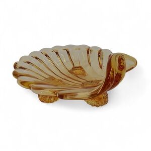 Vintage‎ Amber Glass Trinket Dish Salt Cellar Seashell Shaped Footed 3" Small